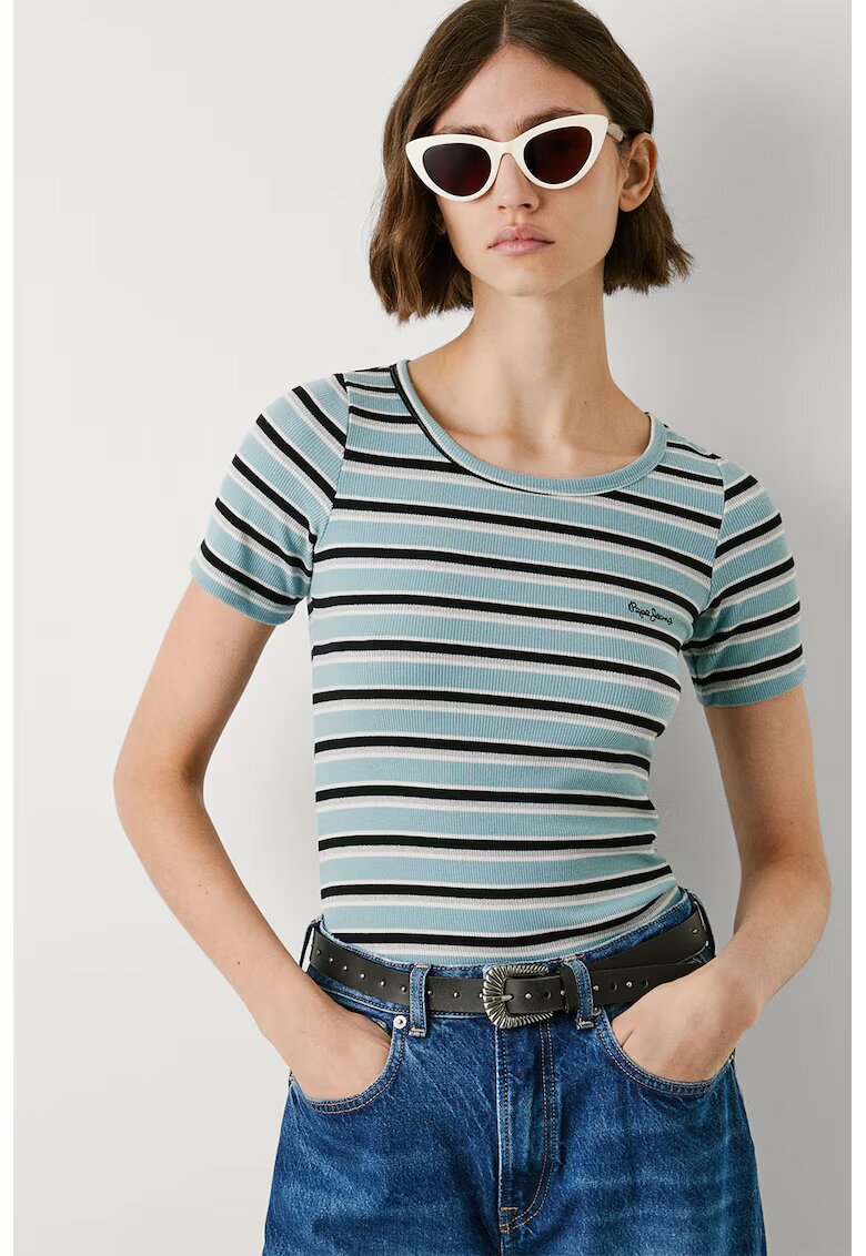 Pepe Jeans London Tricou cu model in dungi si decolteu rotund - Alb/Negru/Turcoaz
