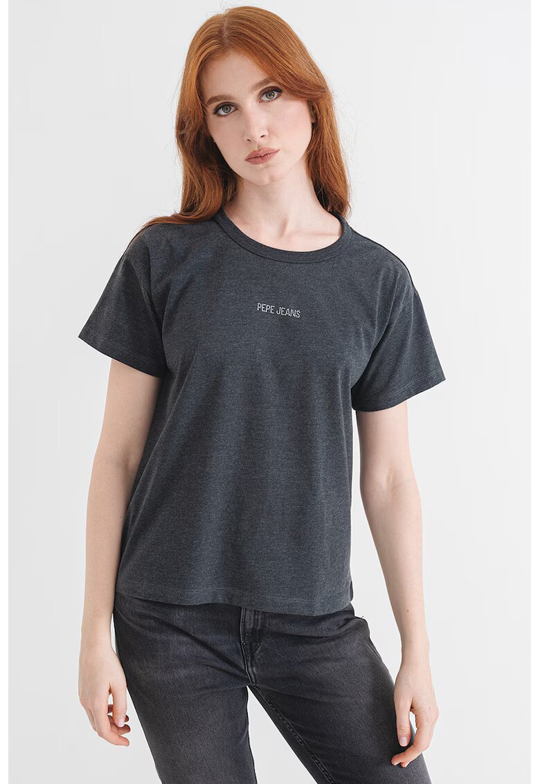Pepe Jeans London Tricou de bumbac cu decolteu la baza gatului - Gri inchis melange
