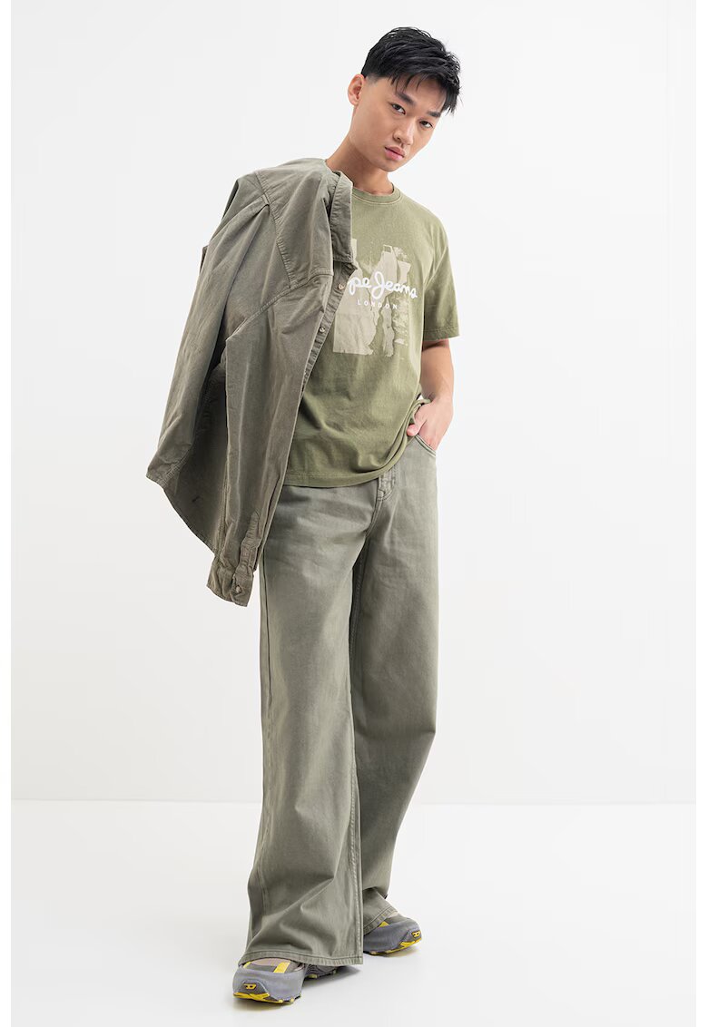 Pepe Jeans London Tricou de bumbac cu logo - Alb murdar/Verde feriga/Bej deschis