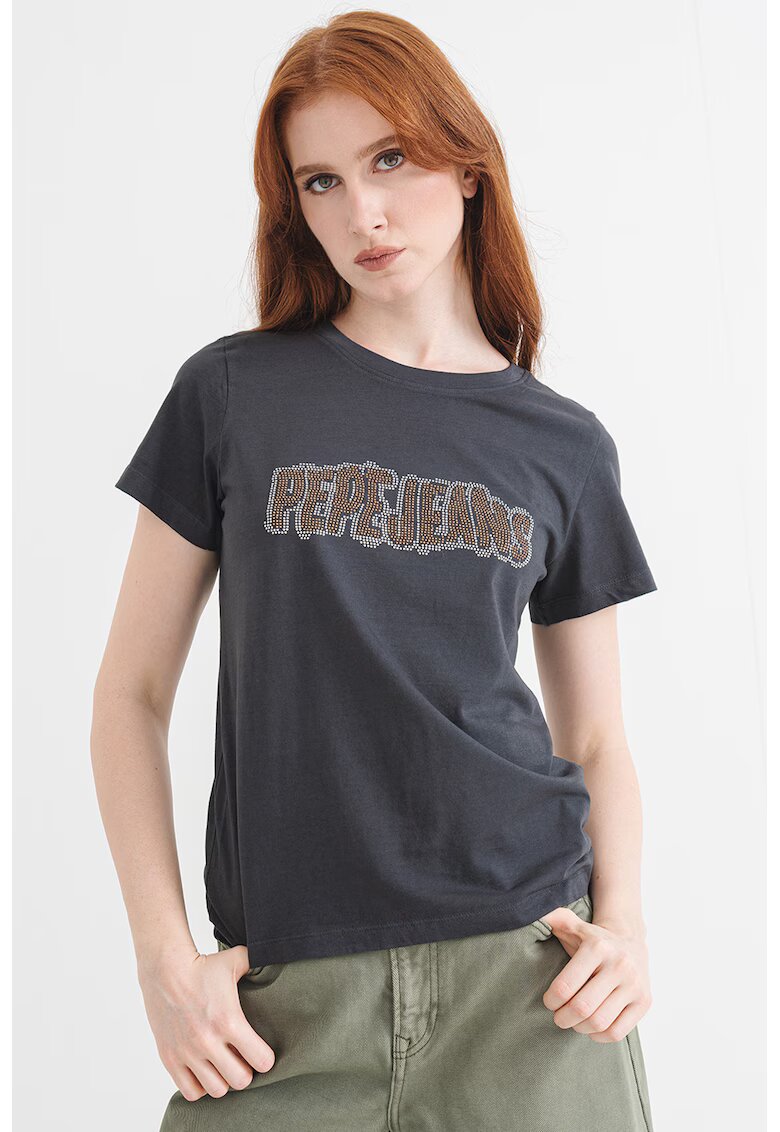 Pepe Jeans London Tricou de bumbac cu logo cu strasuri - Albastru inchis/Argintiu
