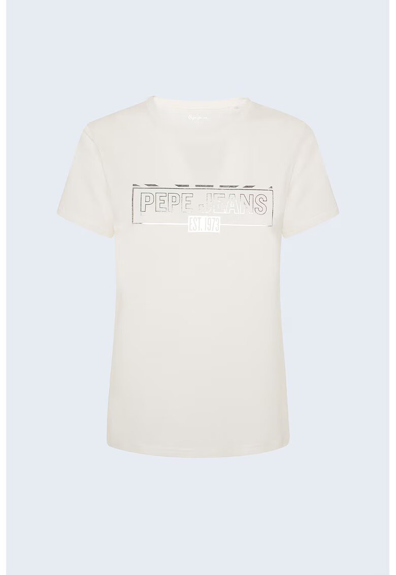 Pepe Jeans London Tricou din amestec de bumbac - cu logo metalizat - Crem/Argintiu