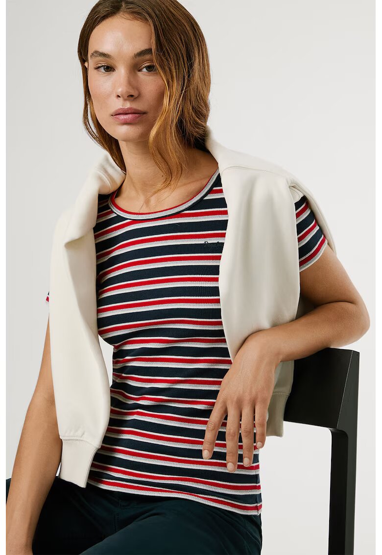 Pepe Jeans London Tricou din amestec de bumbac cu model in dungi - Rosu/Alb/Albastru ultramarin