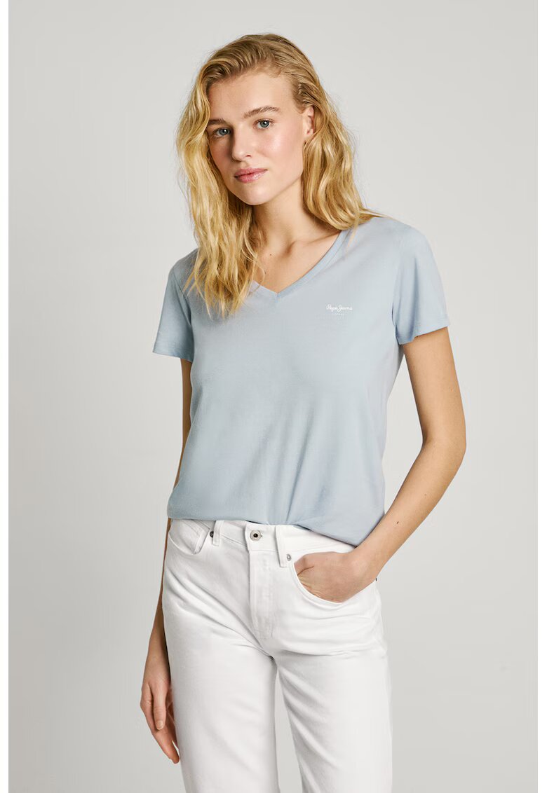 Pepe Jeans London Tricou din bumbac cu decolteu in V - Albastru pastel