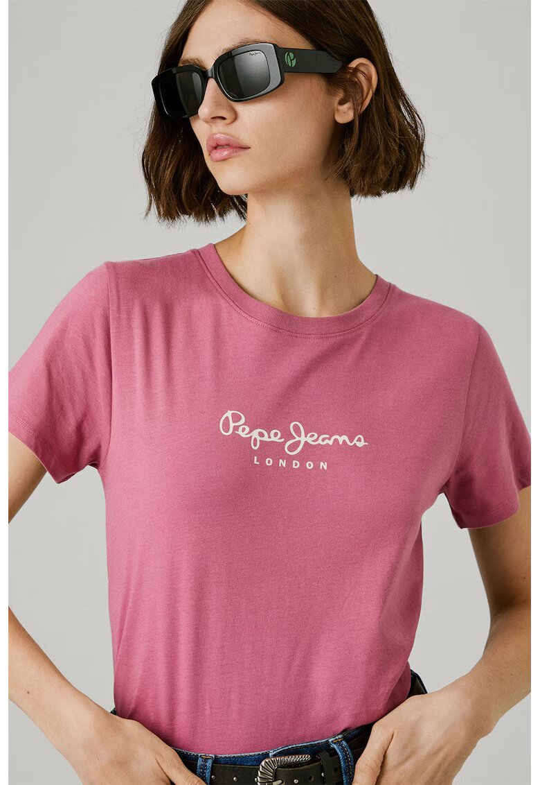 Pepe Jeans London Tricou din bumbac cu decolteu la baza gatului si detaliu cu logo pe piept - Roz prafuit