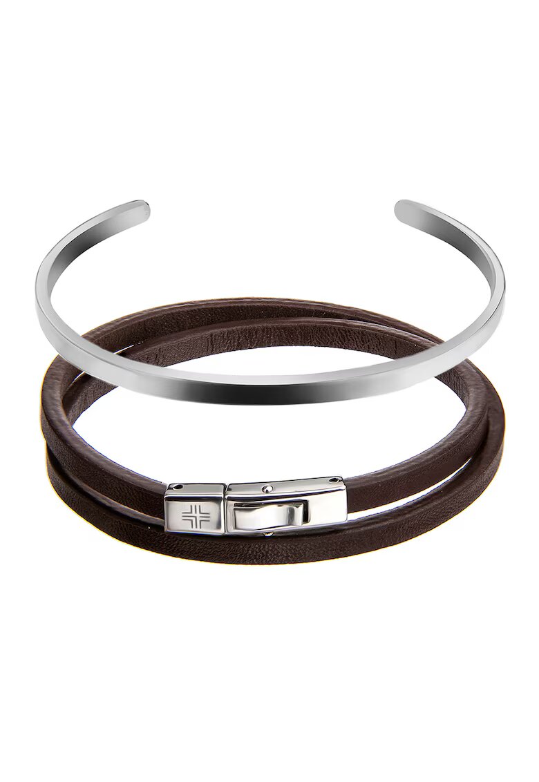 Philipp Blanc Set de bratara de piele si bratara rigida metalica