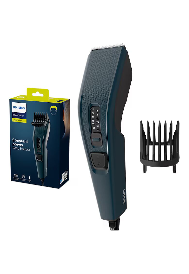 Philips Masina de tuns Seria 3000 HC3505/15 - 13 setari de lungime (0.5-23 mm) - urilizare cu fir - lame din otel inoxidabil cu autoascutire - tehnologie Trim-and-Flow - Negru/Albastru