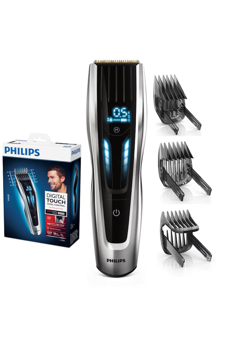 Philips Masina de tuns Seria 9000 HC9450/15 - 400 setari de lungime (0.5-42 mm) - 120 min autonomie fara fir /nelimitat cu fir - lame titan cu autoascutire - afisaj digital - 4 piepteni - senzor PowerAdapt - Negru/Argintiu
