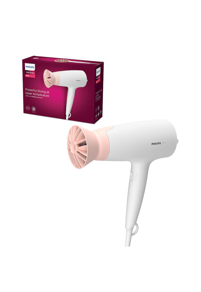 Philips Uscator de par BHD300/00 - 1600W - accesoriu Thermo Protect - 3 setari de viteza/temperatura - Alb/Roz