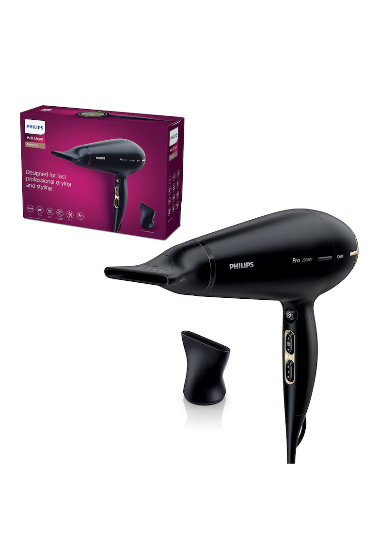 Philips Uscator profesional Prestige Pro HPS920/00 - Tehnologie ThermoProtect - 2300 W - 6 setari de temperatura si viteza - jet de aer rece - ingrijire cu ioni - concentrator Style&Protect - Negru