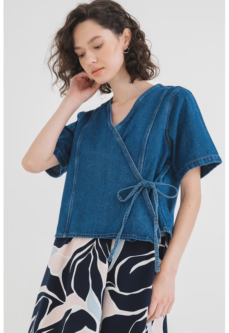 Pieces Bluza de denim cu model petrecut Fibbo - Albastru inchis