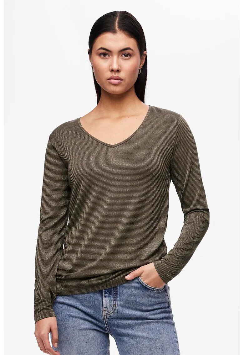 Pieces Bluza de lurex cu decolteu in V Billo - Verde