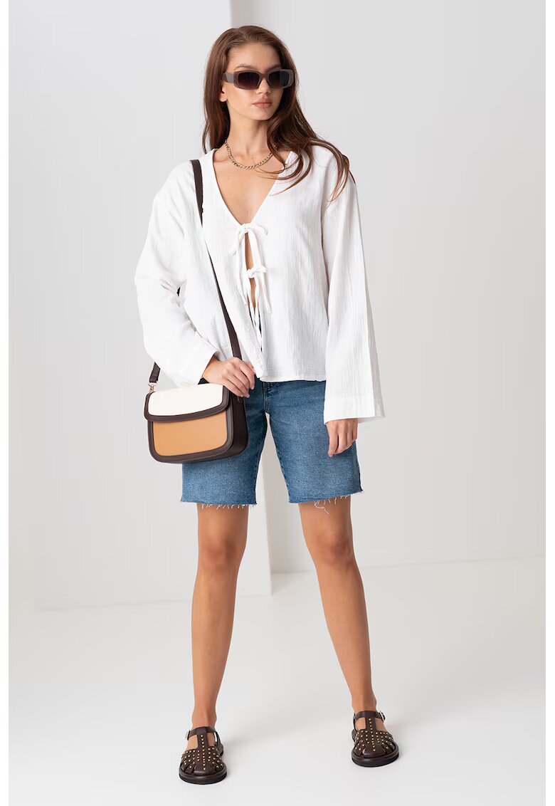 Pieces Bluza din bumbac organic cu decolteu in V si detaliu cu funda - Alb