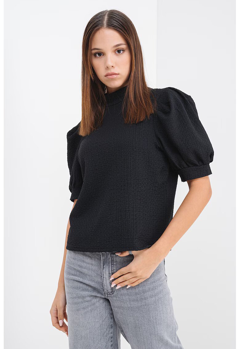 Pieces Bluza texturata cu maneci scurte si bufante - Negru