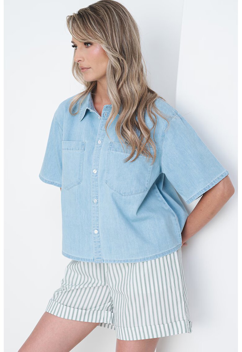Pieces Camasa de denim cu buzunare pe piept Tula - Albastru deschis