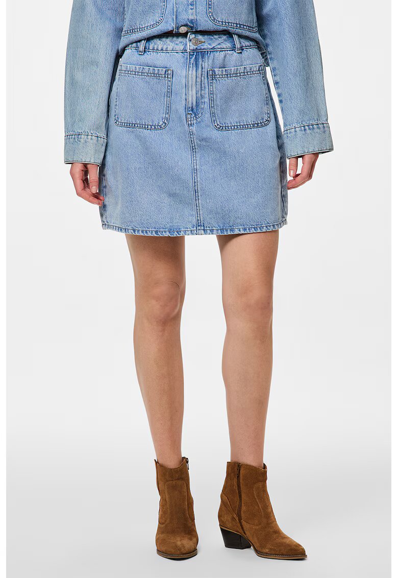 Pieces Fusta mini de denim cu croiala in A - Albastru deschis