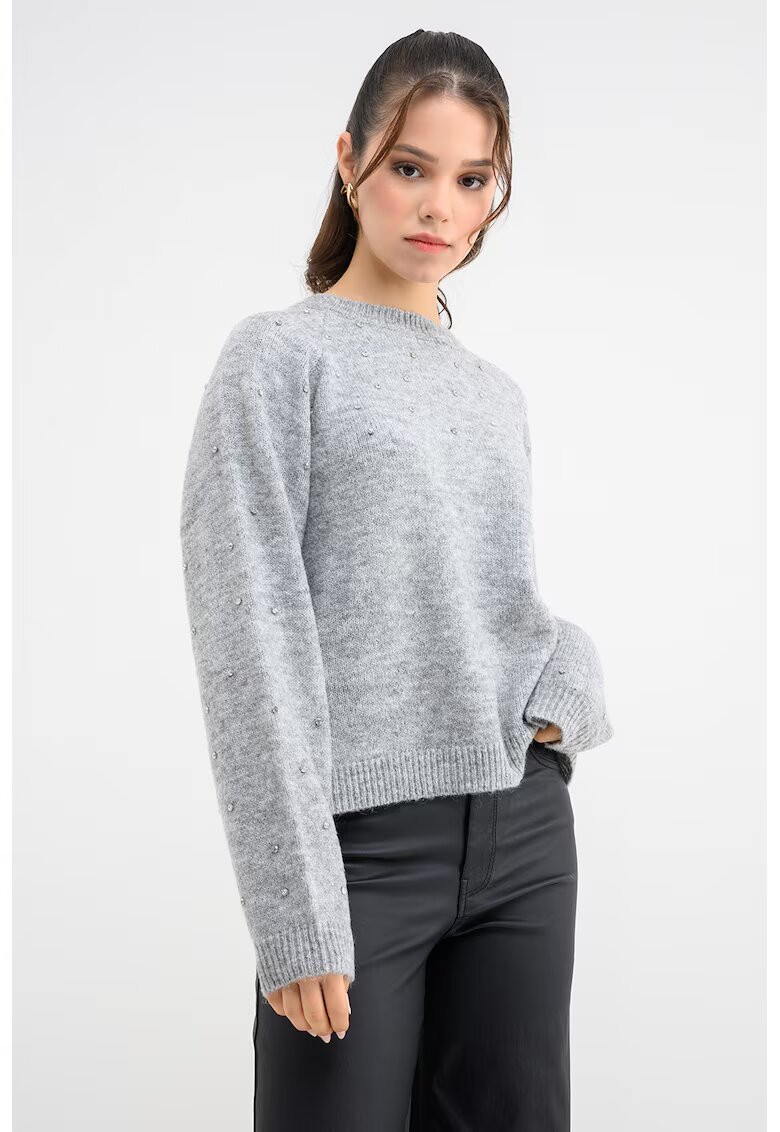 Pieces Pulover lejer cu strasuri - Gri melange/Argintiu