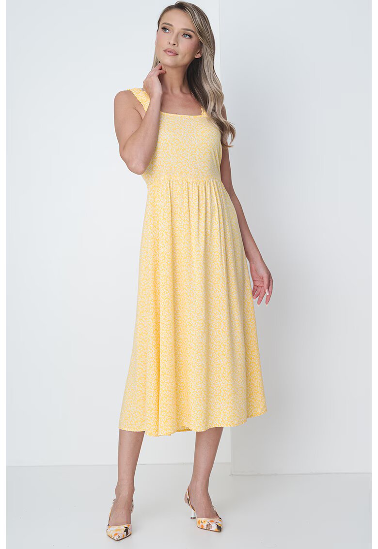 Pieces Rochie midi cu model floral si decolteu patrat Nya - Galben