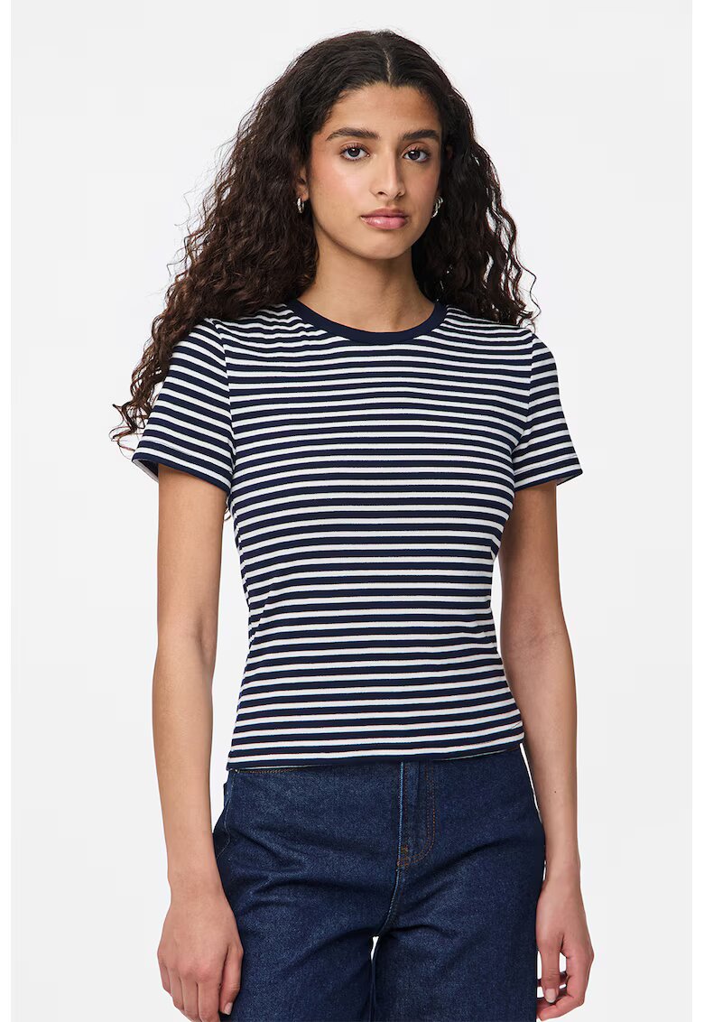 Pieces Tricou cu decolteu rotund si dungi - Alb/Bleumarin
