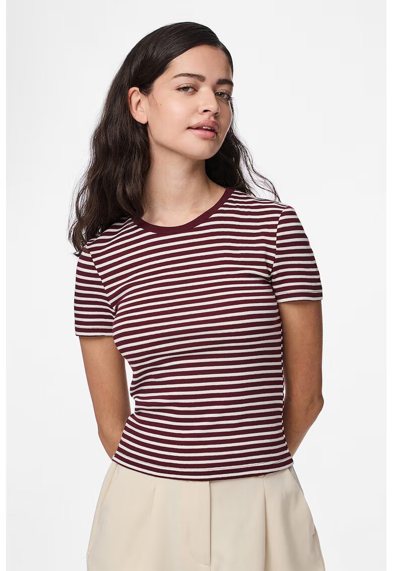 Pieces Tricou cu decolteu rotund si dungi - Alb/Visiniu
