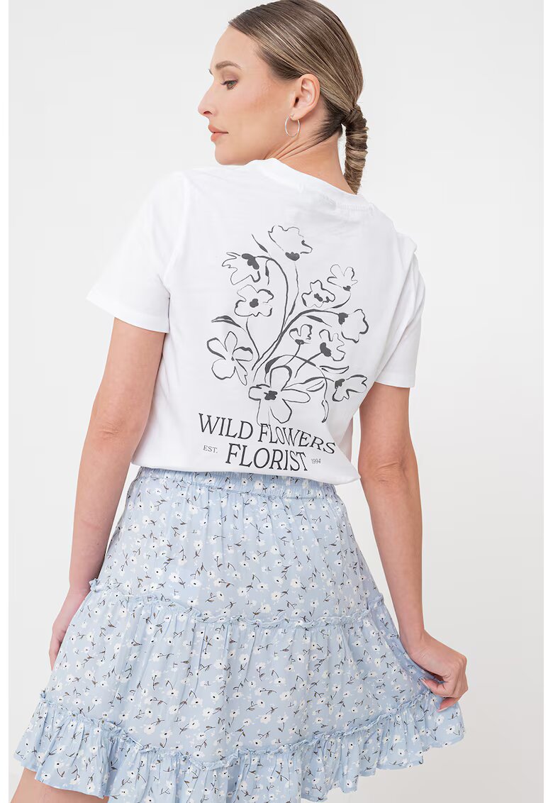 Pieces Tricou cu model floral si decolteu la baza gatului - Alb
