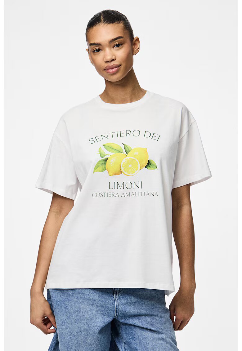 Pieces Tricou din bumbac organic cu imprimeu fructe - Alb/Verde/Galben