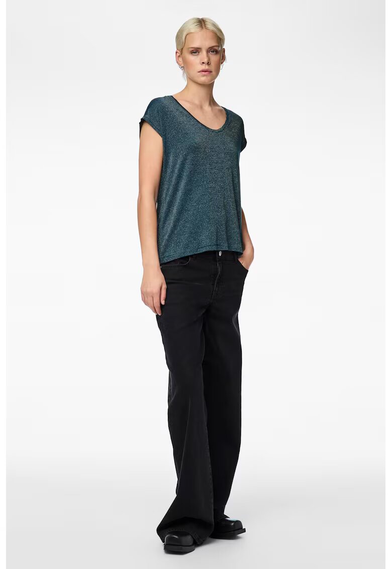 Pieces Tricou lejer cu insertii stralucitoare Billo - Auriu/Albastru petrol
