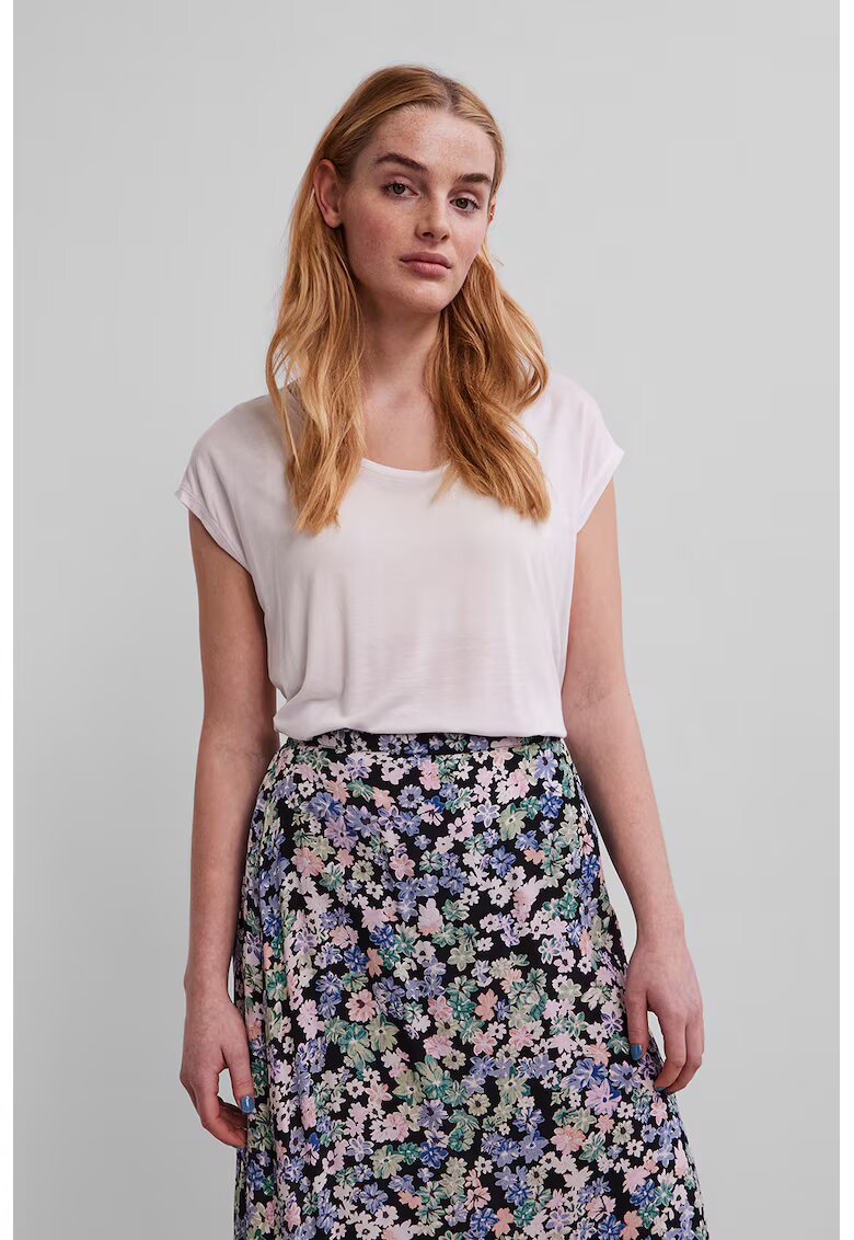 Pieces Tricou uni cu decolteu rotund - Alb