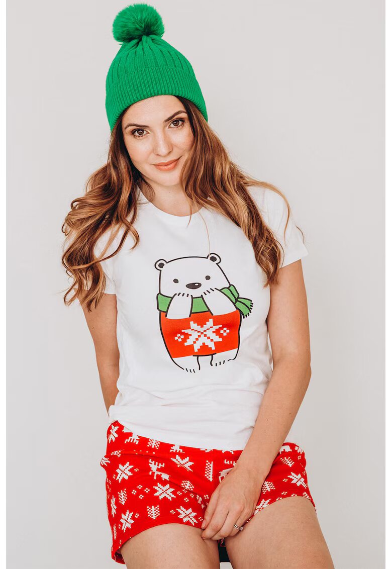  Pijama scurta din bumbac cu tematica de Craciun - Rosu/Alb