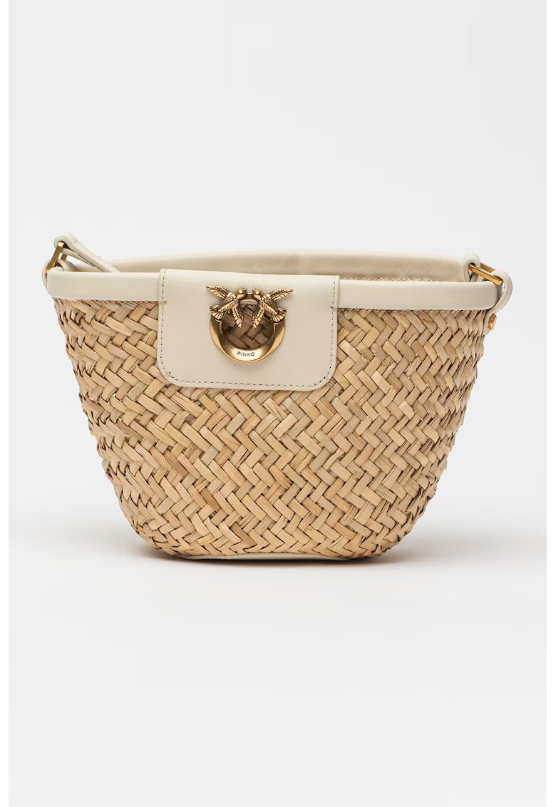Pinko Geanta bucket tesuta cu garnituri de piele - Bej/Alb murdar