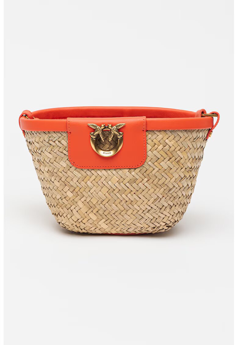 Pinko Geanta bucket tesuta cu garnituri de piele - Coral/Bej