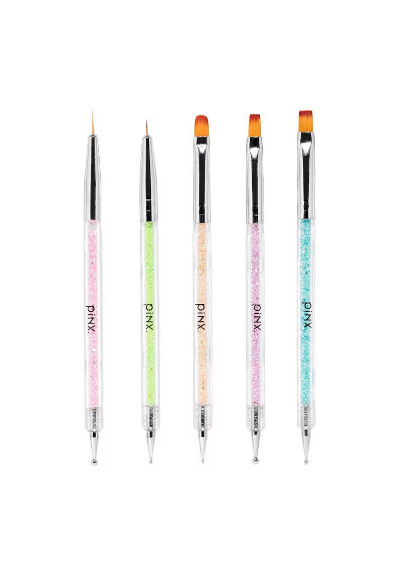 Pinx Set 5 pensule manichiura dubla intrebuintare - maner cu strasuri - multicolor