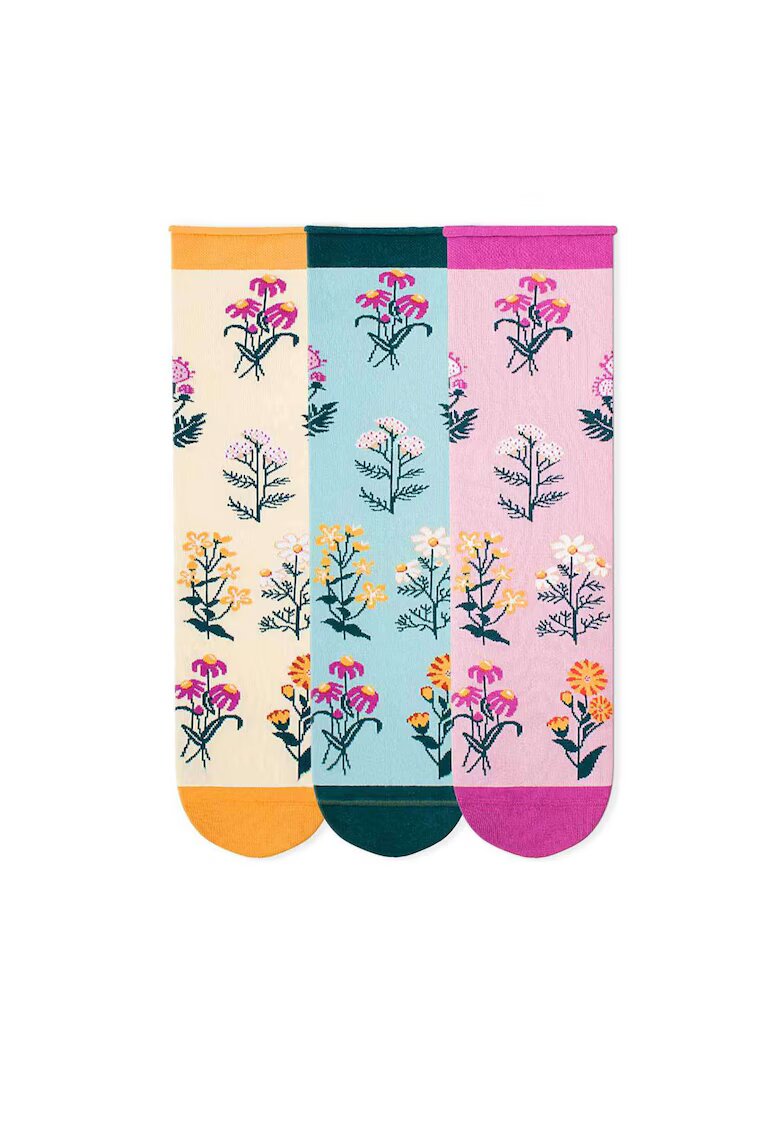 Pirin Hill Cutie cu 3 perechi de sosete Fine din Bumbac organic cu model floral culori deschise