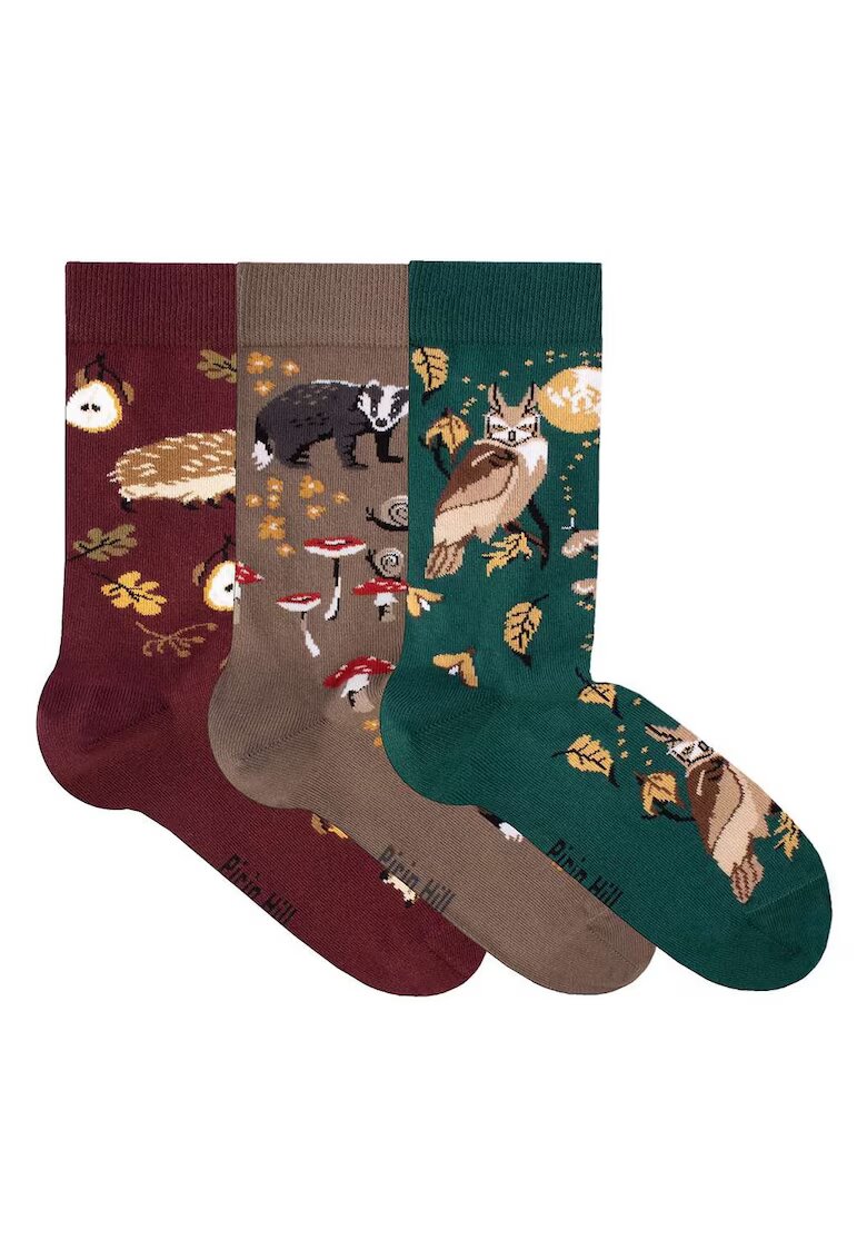 Pirin Hill Cutie cu 3 perechi sosete din bumbac Povesti de Toamna – Bursuc - Arici - Bufnita - 35-38 EU - Multicolor