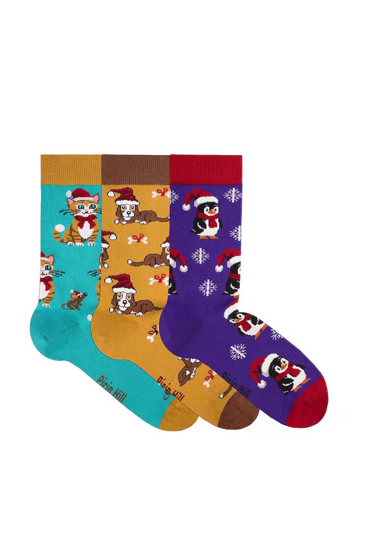Pirin Hill Set 3 perechi de sosete bumbac organic de craciun Colour Cotton Wintertime- Pinguin - Catel si Pisicuta
