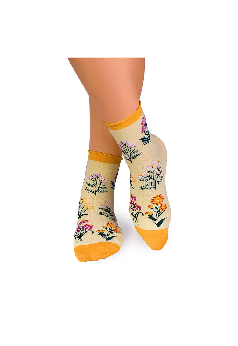Pirin Hill Sosete bumbac de lungime medie - model floral - Galben
