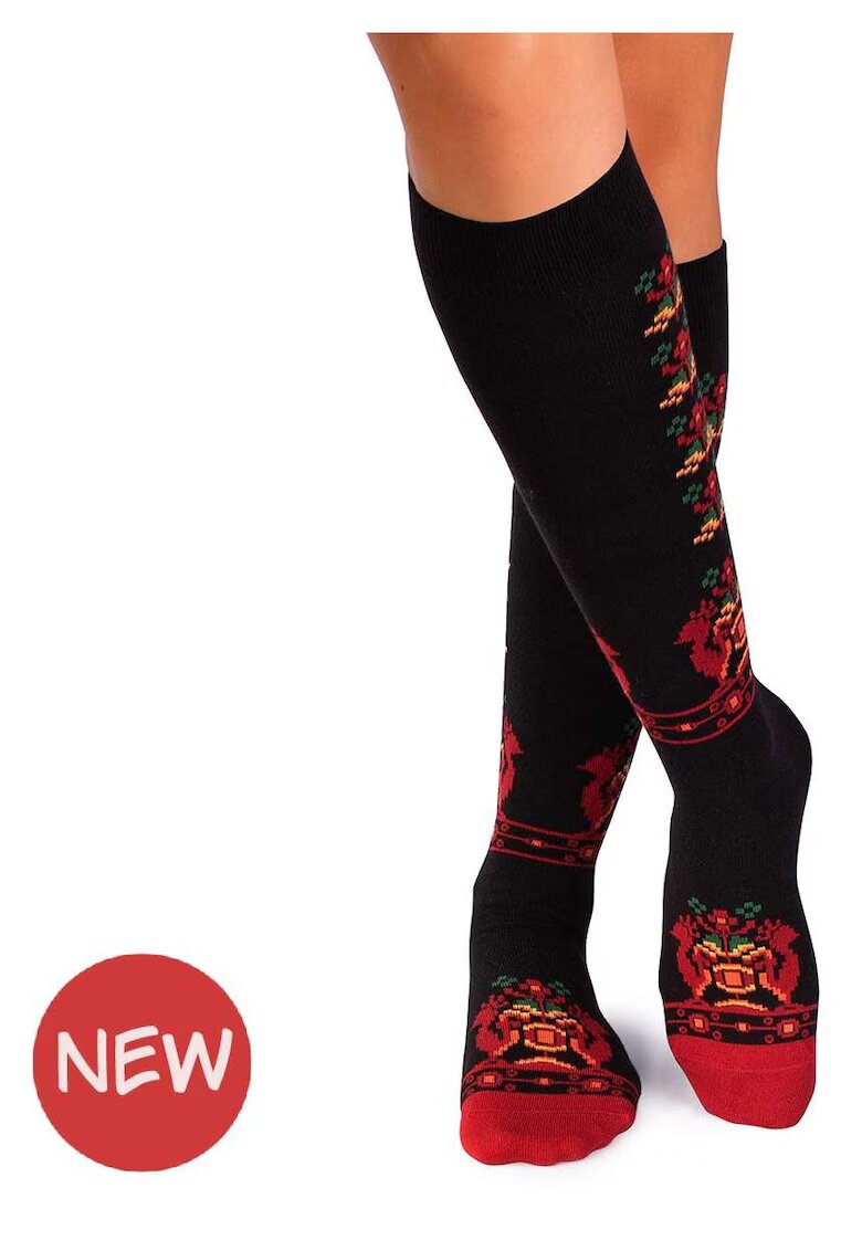 Pirin Hill Sosete dama lungi 3/4 din bumbac cu motive traditionale romanesti Negru