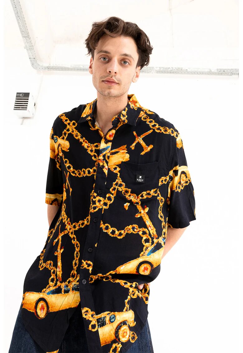 PORC Camasa unisex cu model si maneci medii - Auriu/Negru