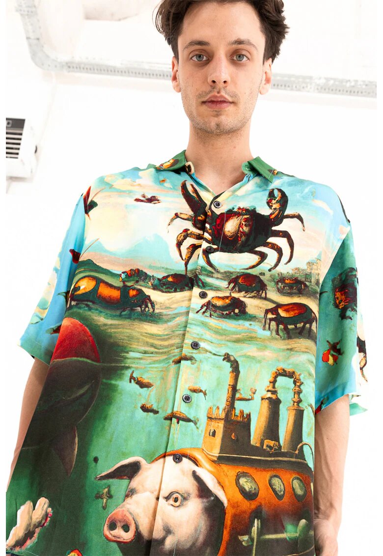 PORC Camasa unisex cu model si maneci medii - Verde/Portocaliu/Albastru