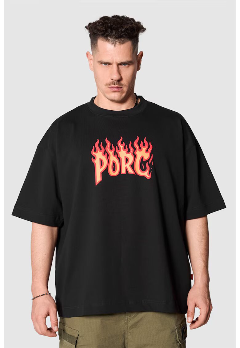 PORC Tricou lejer din bumbac cu model unisex Flames - Negru