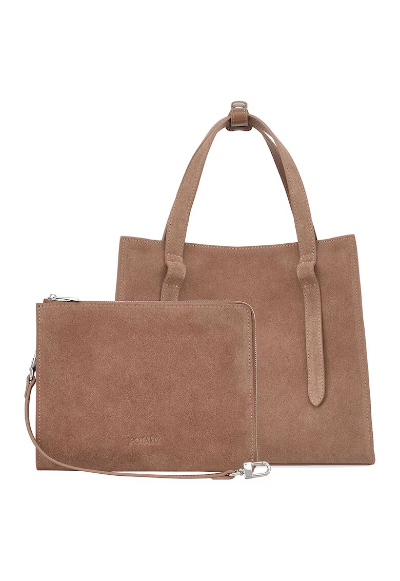 Potamy Geanta shopper din piele intoarsa cu etui - Maro deschis