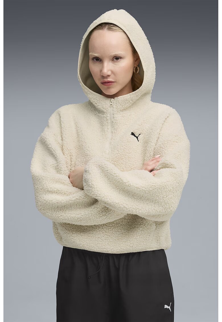 Puma Hanorac supradimensionat din fleece cu fenta cu fermoar - Negru/Crem