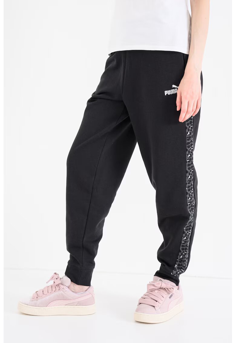 Puma Pantaloni de trening cu imprimeu grafic si benzi laterale contrastante Ess - Negru stins