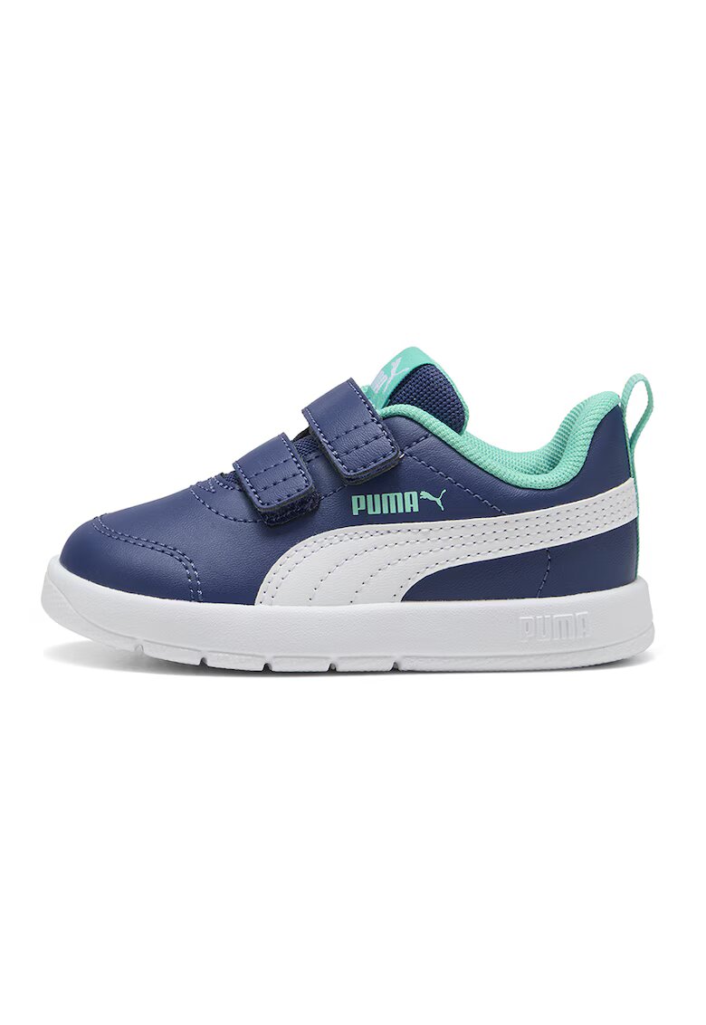 Puma Pantofi sport Courtflex V3 din piele ecologica cu velcro - Albastru inchis/Albastru aquamarin/Alb optic