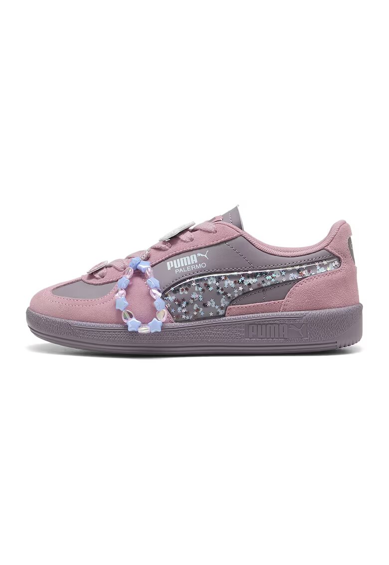 Puma Pantofi sport de piele intoarsa cu imprimeu Hello Kitty si accesoriu bratara - Gri deschis/Roz somon