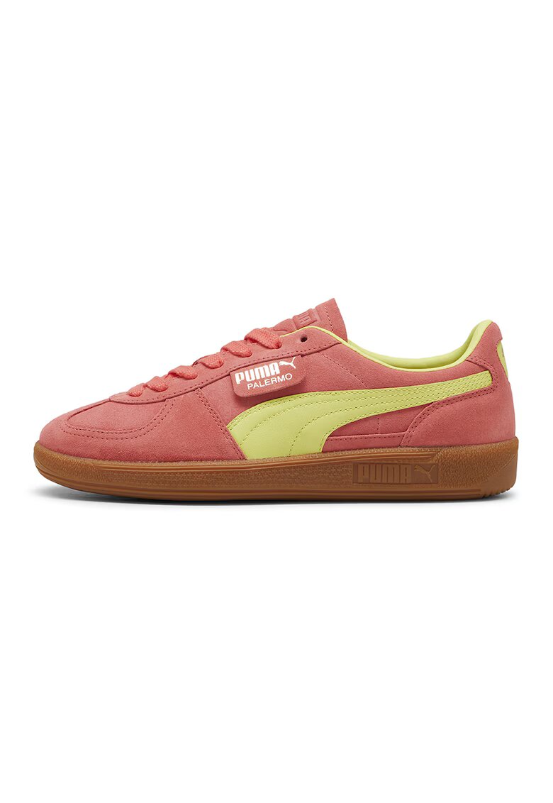 Puma Pantofi sport Palermo de piele intoarsa si piele - Roz somon/Verde lime
