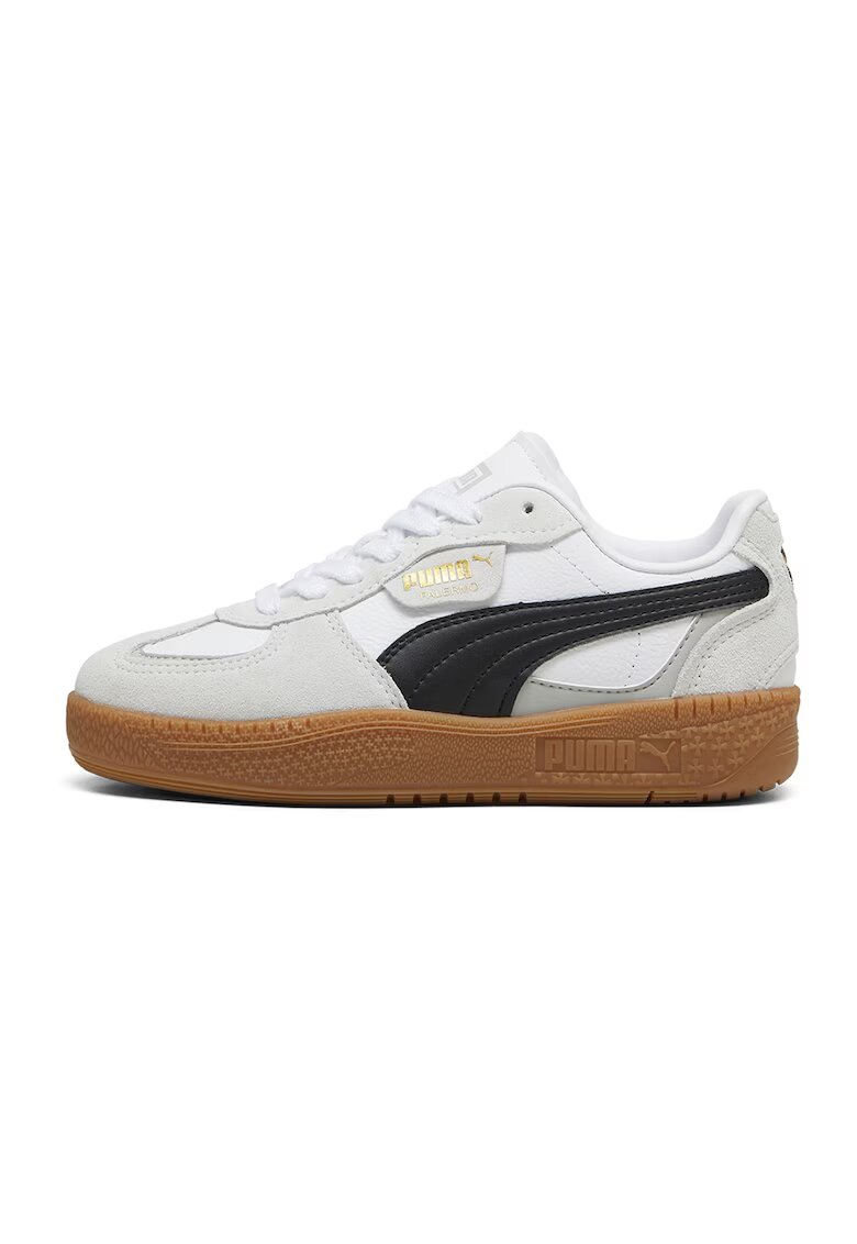 Puma Pantofi sport Palermo LaModa de piele intoarsa cu garnituri de plasa - Alb/Negru/Gri deschis