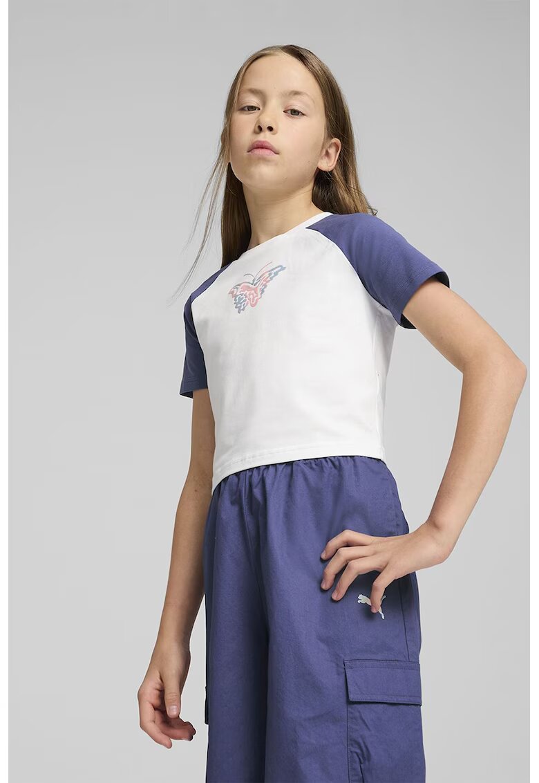 Puma Tricou crop cu model grafic - Alb/Albastru prafuit