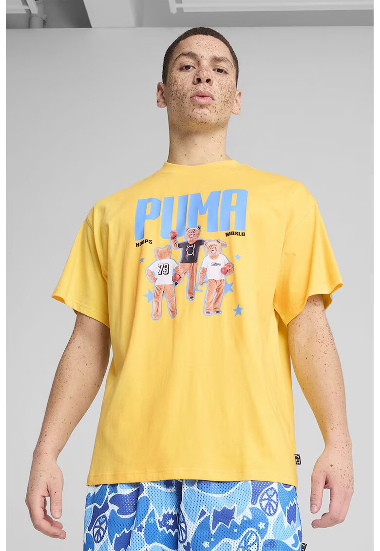 Puma Tricou cu decolteu la baza gatului si imprimeu - Galben sofran/Albastru deschis