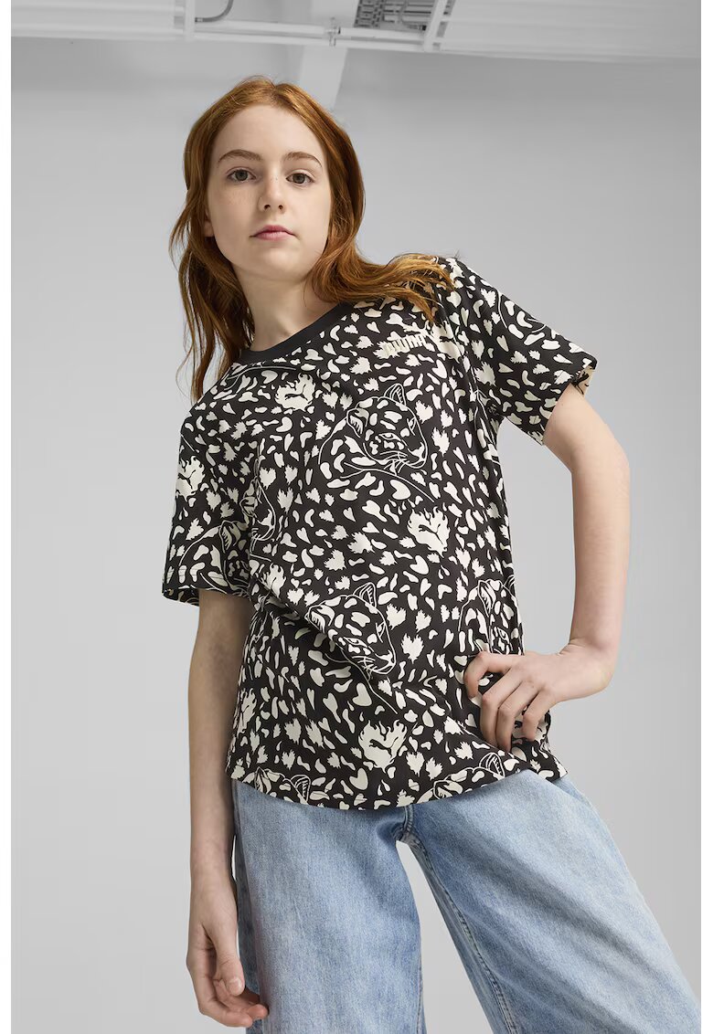 Puma Tricou cu decolteu la baza gatului si imprimeu grafic - Negru/Crem