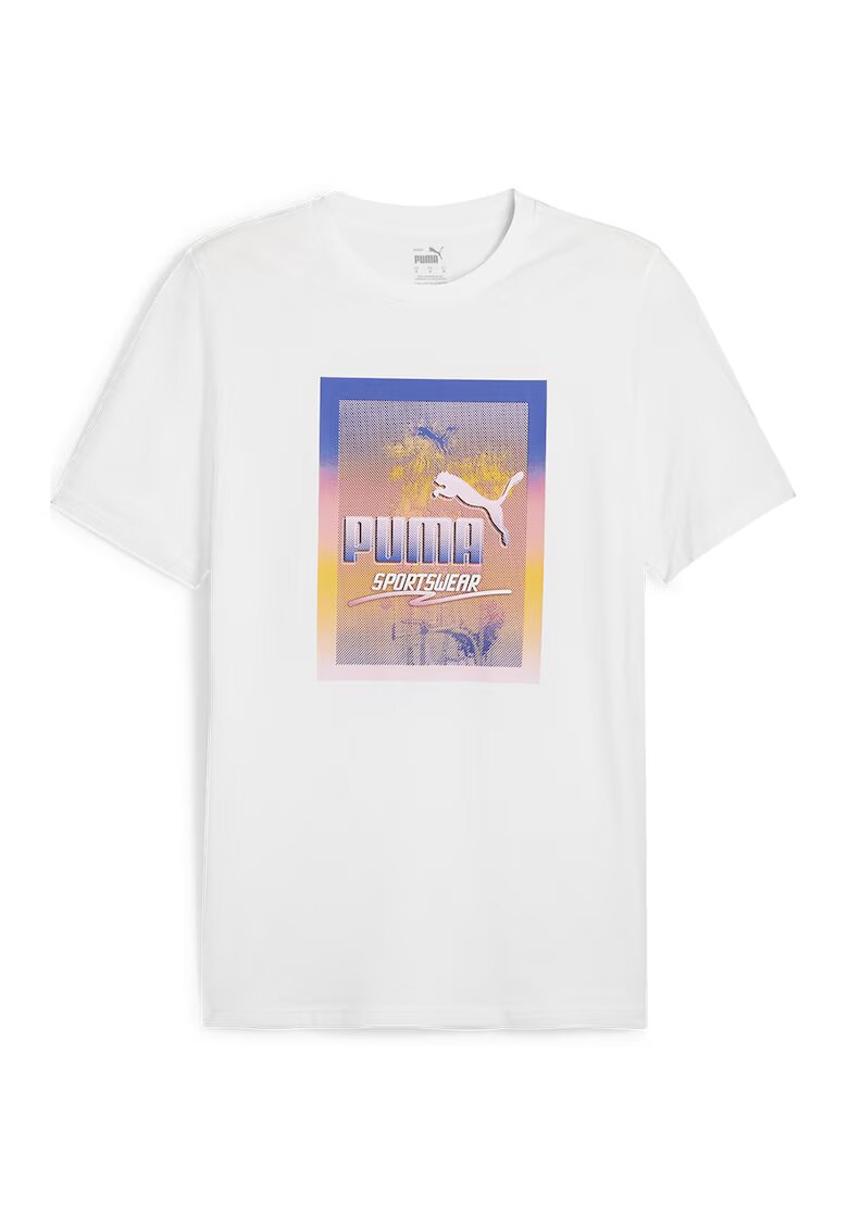 Puma Tricou cu decolteu la baza gatului si imprimeu logo - Alb/Portocaliu/Albastru